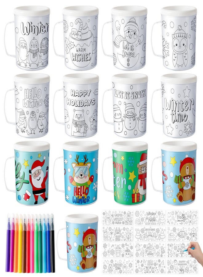 JAPBOR Winter Color Your Own Mugs - 12 Set DIY Christmas Coloring Cups Craft for Kids, 10 oz Xmas Coffee Mugs with 36 Insert Paper and 12 Color Pen for School Class Winter Holiday Party Supplies - Image 1